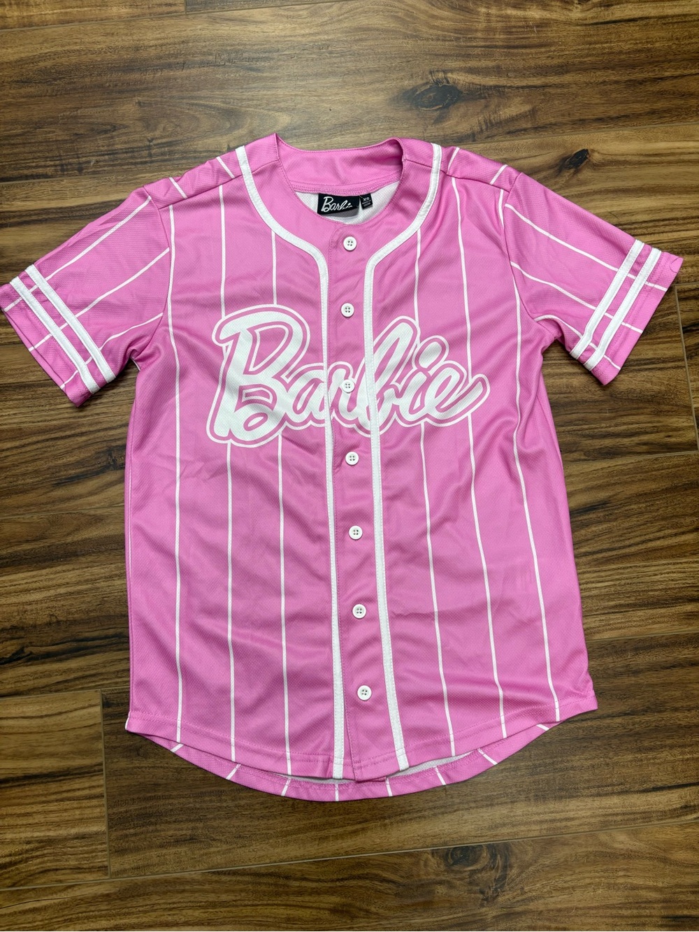 Barbie pink and white pinstripe button-down Baseball Jersey, Size XS, like new